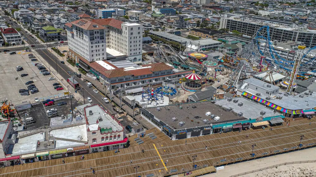 The Flanders Hotel condominium building and Ocean City NJ boardwalk from above