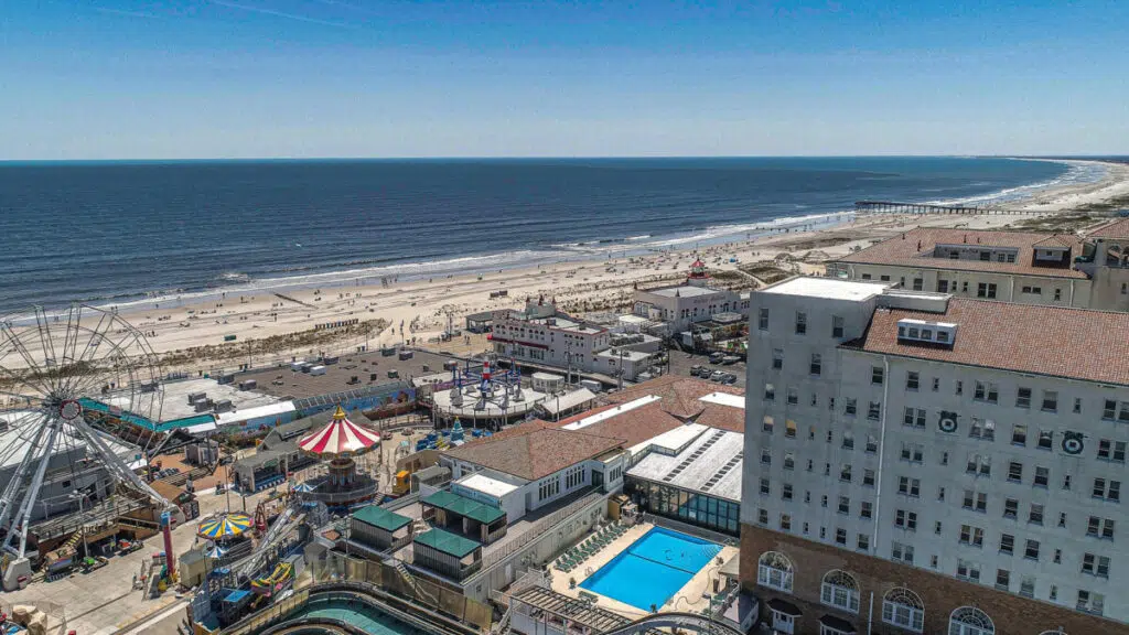 Aerial of the Flanders Hotel oceanfront condominiums at 719 E 11th Street, Ocean City NJ