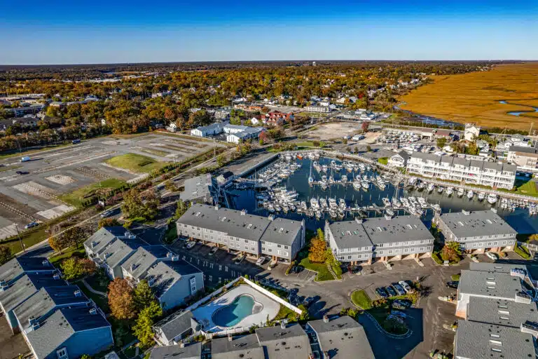 Aerial of Harbour Cove condos, marina, and pool in Somers Point, NJ
