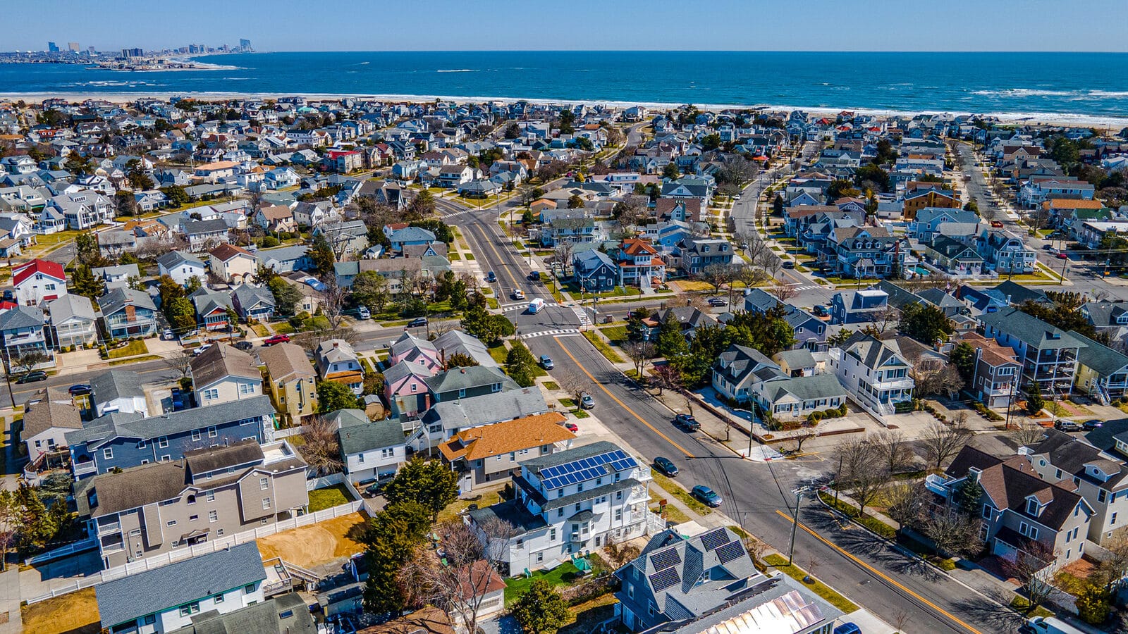 Aerial view of the Gardens section of Ocean City NJ, oceanfront looking north toward Atlantic City